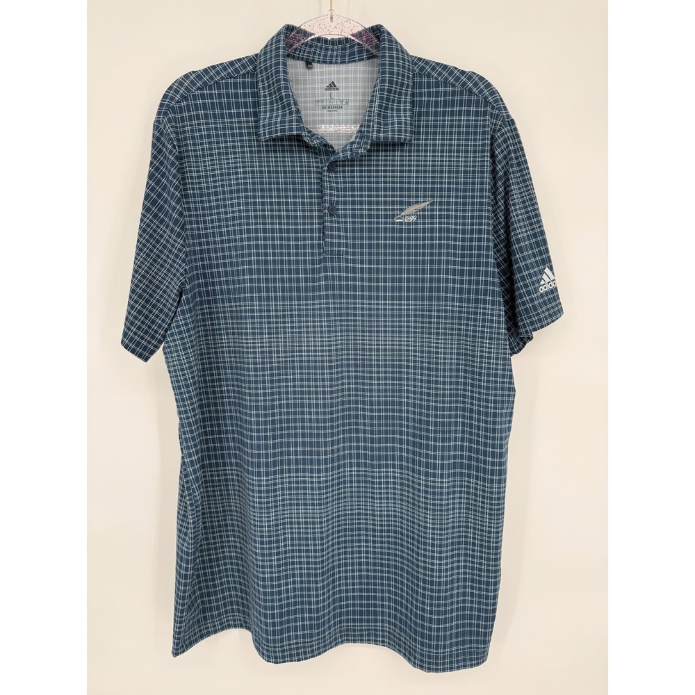 Adidas Primegreen Plaid Golf Polo Shirt‎ Men's Large Blue White 1899 Logo
